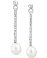 Effy Freshwater Pearl (7mm) & White Topaz (1/5 ct. t.w.) Linear Drop Earrings in Sterling Silver