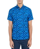 Society of Threads Men's Slim-Fit Performance Stretch Abstract Starburst Short-Sleeve Button-Down Shirt