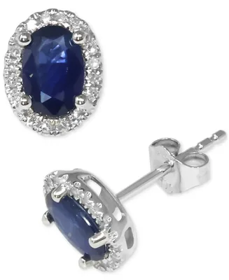 Sapphire (1 ct. t.w.) & Diamond (1/10 ct. t.w.) Halo Stud Earrings in 14k White Gold