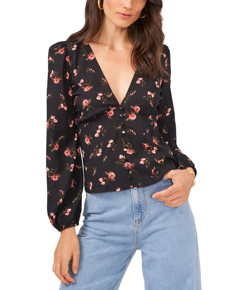 1.state Women's Floral V-Neck Button Front Long-Sleeve Blouse
