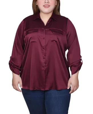 Ny Collection Plus 3/4 Sleeve Roll Tab Satin Blouse