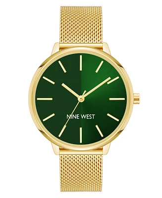 Nine West Women's Quartz Gold-Tone Stainless Steel Mesh Band Watch, 40mm - Green, Gold