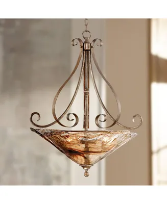 Franklin Iron Works Amber Scroll Golden Bronze Silver Pendant Chandelier 24 3/4" Wide Rustic Art Glass Bowl Fixture for Dining Room House Foyer Kitche