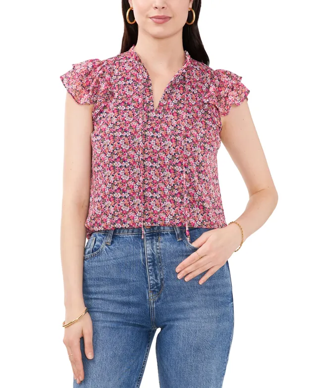 Sam & Jess Petite Floral-Print Flutter-Sleeve Tie-Neck Blouse