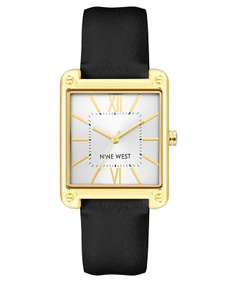 Nine West Women's Quartz Square Black Faux Leather Band Watch, 29mm - Black, Silver-Tone, Gold