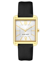 Nine West Women's Quartz Square Black Faux Leather Band Watch, 29mm - Black, Silver-Tone, Gold