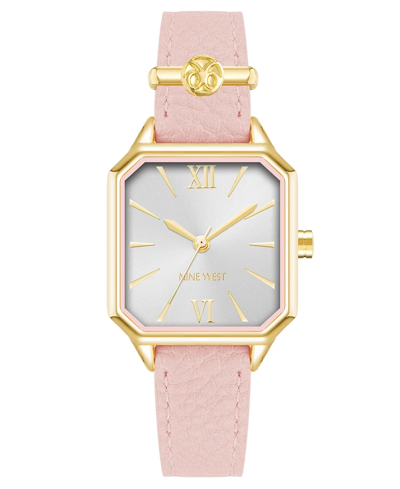 Nine West Women's Quartz Square Pink Faux Leather Band Watch, 27mm - Pink, Gold