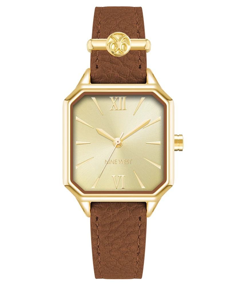 Nine West Women's Quartz Square Brown Faux Leather Band Watch, 27mm - Brown, Gold