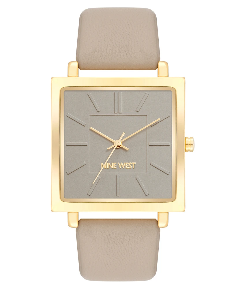 Nine West Women's Quartz Square Taupe Faux Leather Band Watch, 35mm - Tan, Gold