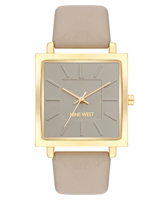 Nine West Women's Quartz Square Taupe Faux Leather Band Watch, 35mm - Tan, Gold