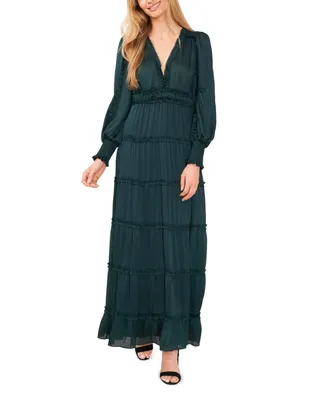 CeCe Women's Long Sleeve Plisse Ruffle Maxi Dress