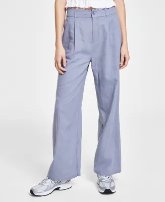 Rewash Juniors' High-Rise Linen Wide-Leg Pleat-Front Trouser Pants