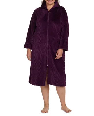 Miss Elaine Plus Size Solid Long-Sleeve Zip Robe