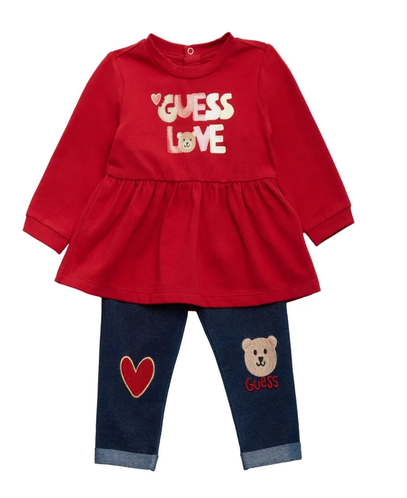 Guess Baby Girls Stretch Jersey Glitter Logo Peplum Top and Knit Denim Embroidered Artwork Jeans, 2 Piece Set