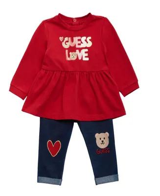 Guess Baby Girls Stretch Jersey Glitter Logo Peplum Top and Knit Denim Embroidered Artwork Jeans, 2 Piece Set