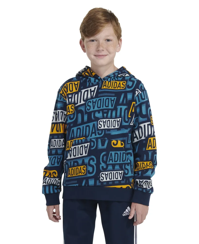 adidas Big Boys Long Sleeve Brand Sticker Printed Fleece Hoodie