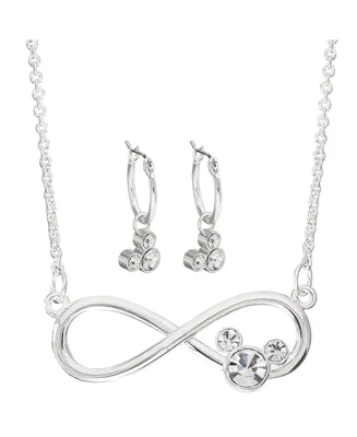 Disney Mickey Mouse Womens Infinity Necklace and Hoop Dangle Earrings Set, Silver Plated Crystal Accents - 18"