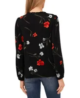 CeCe Women's Floral Split Neck Smocked Shoulder Top