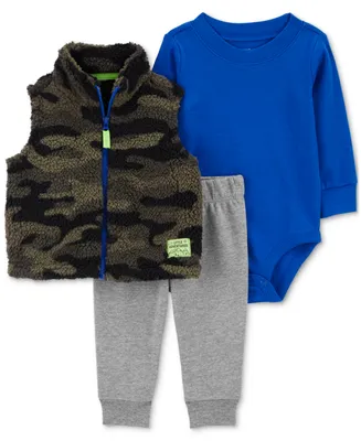 Carter's Baby Boys 3-Pc. Camouflage Full-Zip Fleece Vest, Long-Sleeve Bodysuit & Solid Pants Set