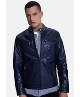 Furniq Uk Men's Cruiser Style Genuine Leather Jacket, Navy