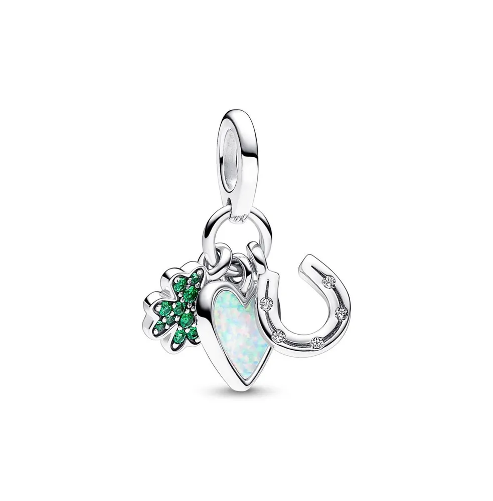 Pandora Mixed Stone Four Leaf Clover, Heart and Horseshoe Triple Dangle Charm