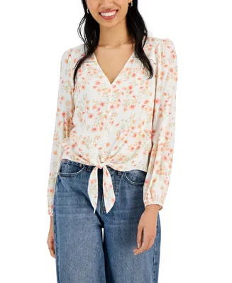 Hippie Rose Juniors' Floral-Print Tie-Hem Top