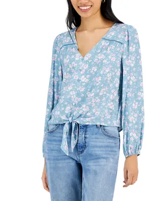 Hippie Rose Juniors' Floral-Print Tie-Hem Top