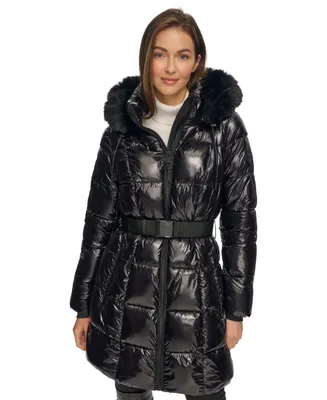 Dkny Women's Belted Faux-Fur-Trim Hooded Puffer Coat