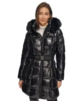Dkny Women's Belted Faux-Fur-Trim Hooded Puffer Coat