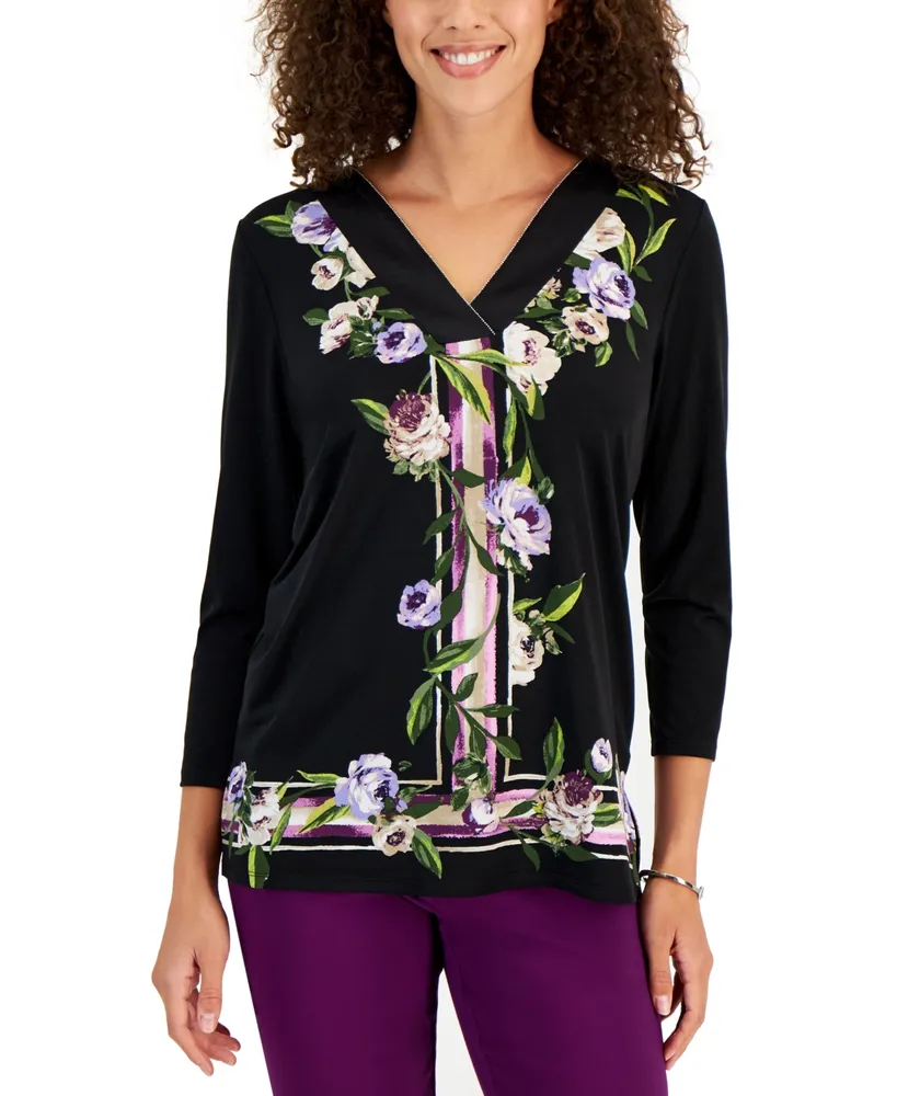Jm Collection Women's Floral-Print 3/4-Sleeve Top, Created for Macy's