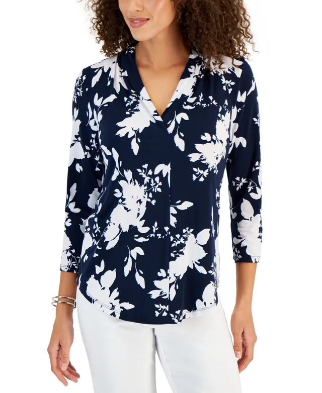 JM Collection Petite Veering Vine V-Neck Top, Created for Macy's