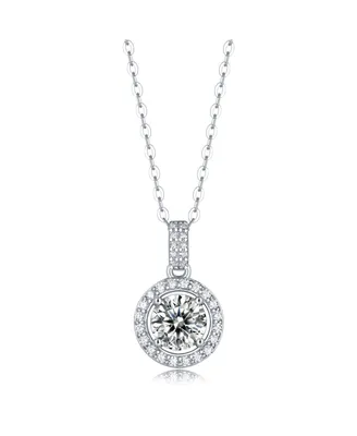 Sterling Silver White Gold Plated with 1ctw Lab Created Moissanite Halo Cluster Drop Pendant Necklace
