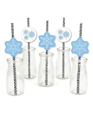 Blue Snowflakes Winter Holiday Party Striped Paper Decorative Straws - Set of 24