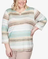 Alfred Dunner Plus St.Moritz Split Neck Watercolor Stripe Shimmer Top