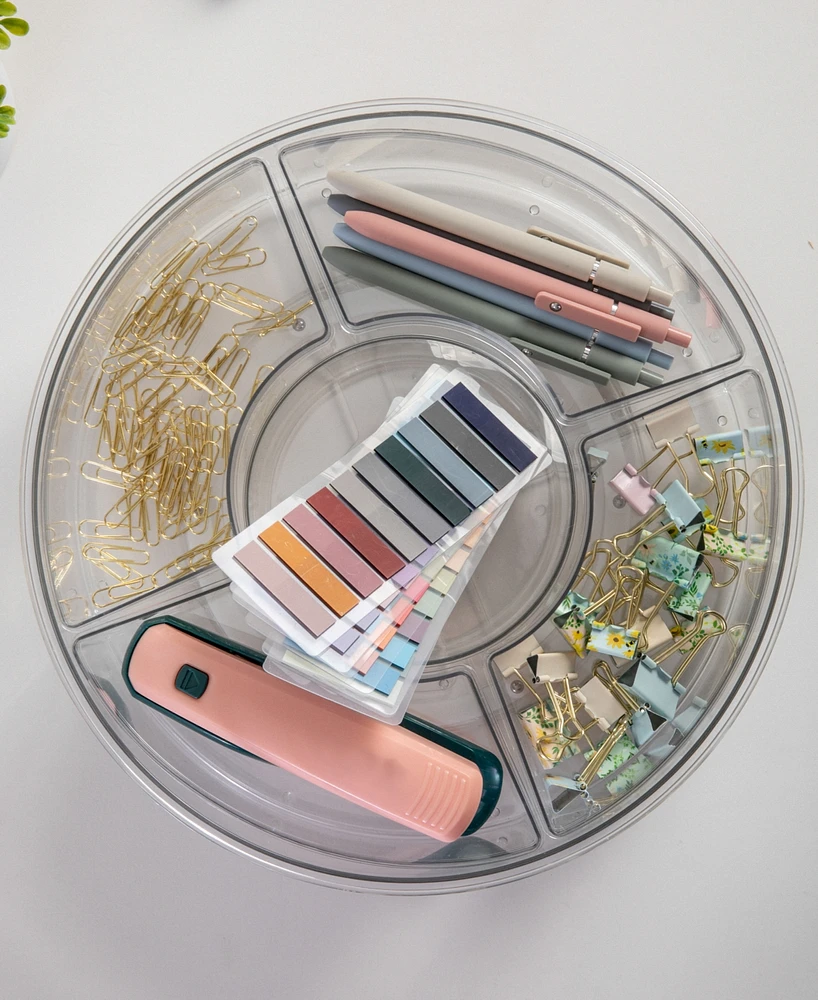 Martha Stewart Brody Divided Lazy Susan Organizer with 5 Removable Bins, Plastic 360 Degree Rotating Desk Storage Organizer, 12"
