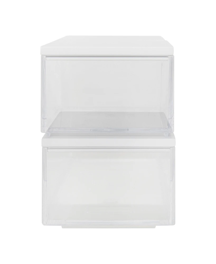 Martha Stewart Brody Plastic Storage Organizer Bins with Engineered Wood Lids for Home Office, Kitchen, or Bathroom, 2 Small, 1 Medium