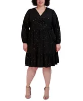 Robbie Bee Plus Printed Faux-Wrap Long-Sleeve Dress