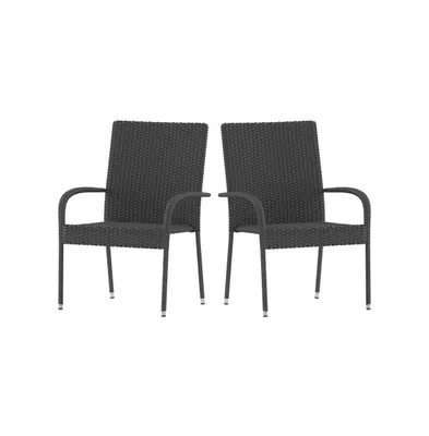 Set Of Mathias Indoor/Outdoor Black Wicker Patio Chairs With Powder Coated Steel Frame, Comfortably Curved Back And Arms