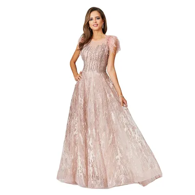 Lara Women's Lace ballgown with Feather Cap Sleeves