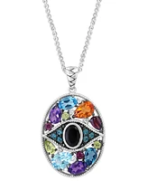 Effy Onyx, Multi-Gemstone (4-5/8 ct. t.w.) & Diamond (1/20 ct. t.w.) Evil Eye Cluster 18" Pendant Necklace in Sterling Silver