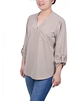 Ny Collection Petite Roll Tab Sleeve Blouse with Pockets