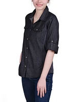 Ny Collection Petite 3/4 Roll Tab Chambray Blouse