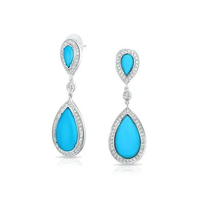 Blue Pear Shaped Cz Halo Simulated Turquoise Statement Dangle Chandelier Teardrop Earrings For Women Rhodium Plated Brass