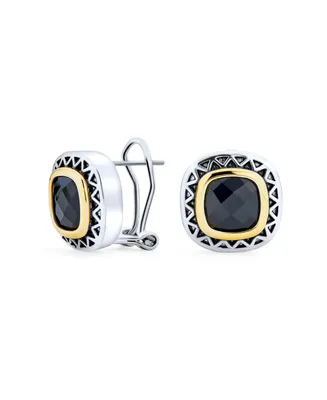 Black Onyx Cubic Zirconia Two Tone Square Cushion Omega Earrings For Women Gold Plated Rhodium Plated Brass