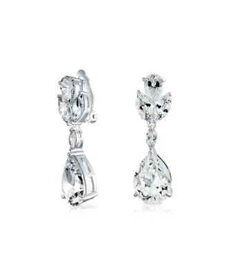 Bridal Cubic Zirconia Aaa Cz Pear Shape Teardrop Drop Dangle Clip-On Earrings For Women For Prom Rhodium Plated Brass