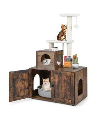 2-in-1 Wooden Litter Box Enclosure with Cat Tree Hidden Washroom Furniture