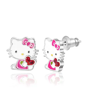 Hello Kitty Sanrio Silver Plated Crystal Enamel Heart Stud Earrings, Officially Licensed Authentic