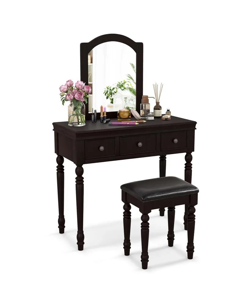 Vanity Table Set Makeup Desk Cushioned Stool 3 Drawer Large Mirror