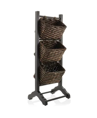 Casafield 3-Tier Floor Stand Rack with Hanging Storage Baskets, Wood Tower Organizer for Bathroom, Kitchen, Laundry, Living Room