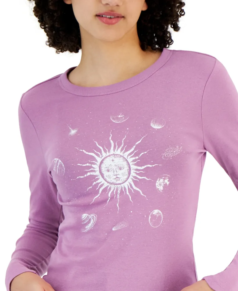 Rebellious One Juniors' Long-Sleeve Crewneck Sun Graphic T-Shirt
